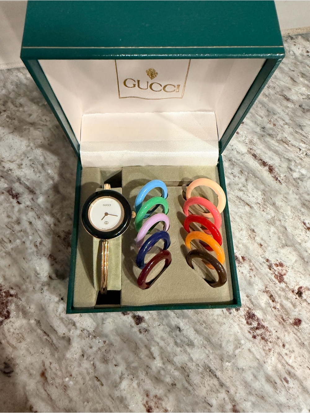 Gucci Gold Bangle Watch with Black Face and Multicolor Interchangeable Rings